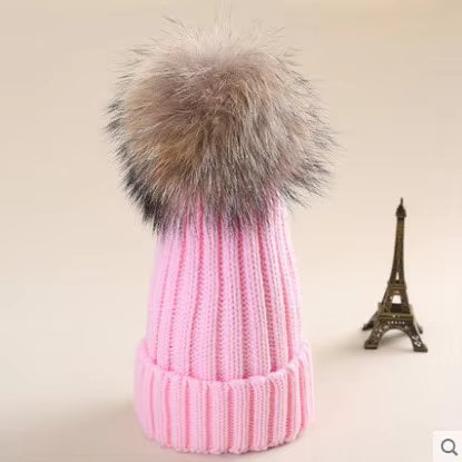 Hat Beanie Cashmere Hat with Fur Pom Pom Dobby Style