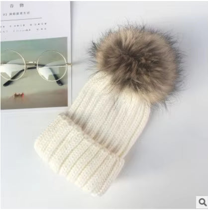 Hat Beanie Cashmere Hat with Fur Pom Pom Dobby Style