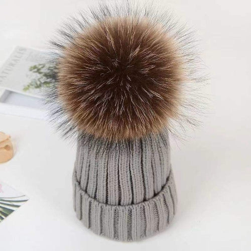 Hat Beanie Cashmere Hat with Fur Pom Pom Dobby Style