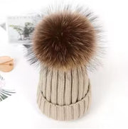 Hat Beanie Cashmere Hat with Fur Pom Pom Dobby Style