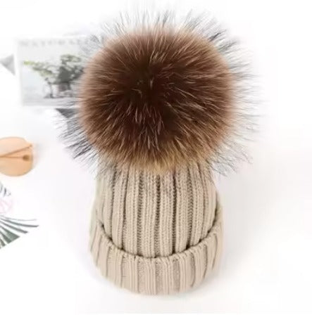 Hat Beanie Cashmere Hat with Fur Pom Pom Dobby Style
