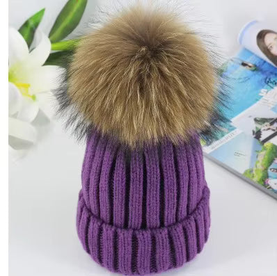Hat Beanie Cashmere Hat with Fur Pom Pom Dobby Style